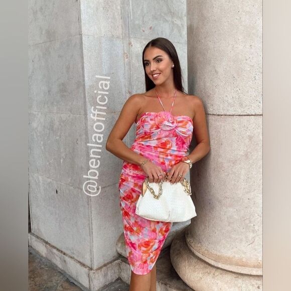 ZARA PRINTED TULLE MIDI DRESS PINK FLORAL - Picture 11 of 17